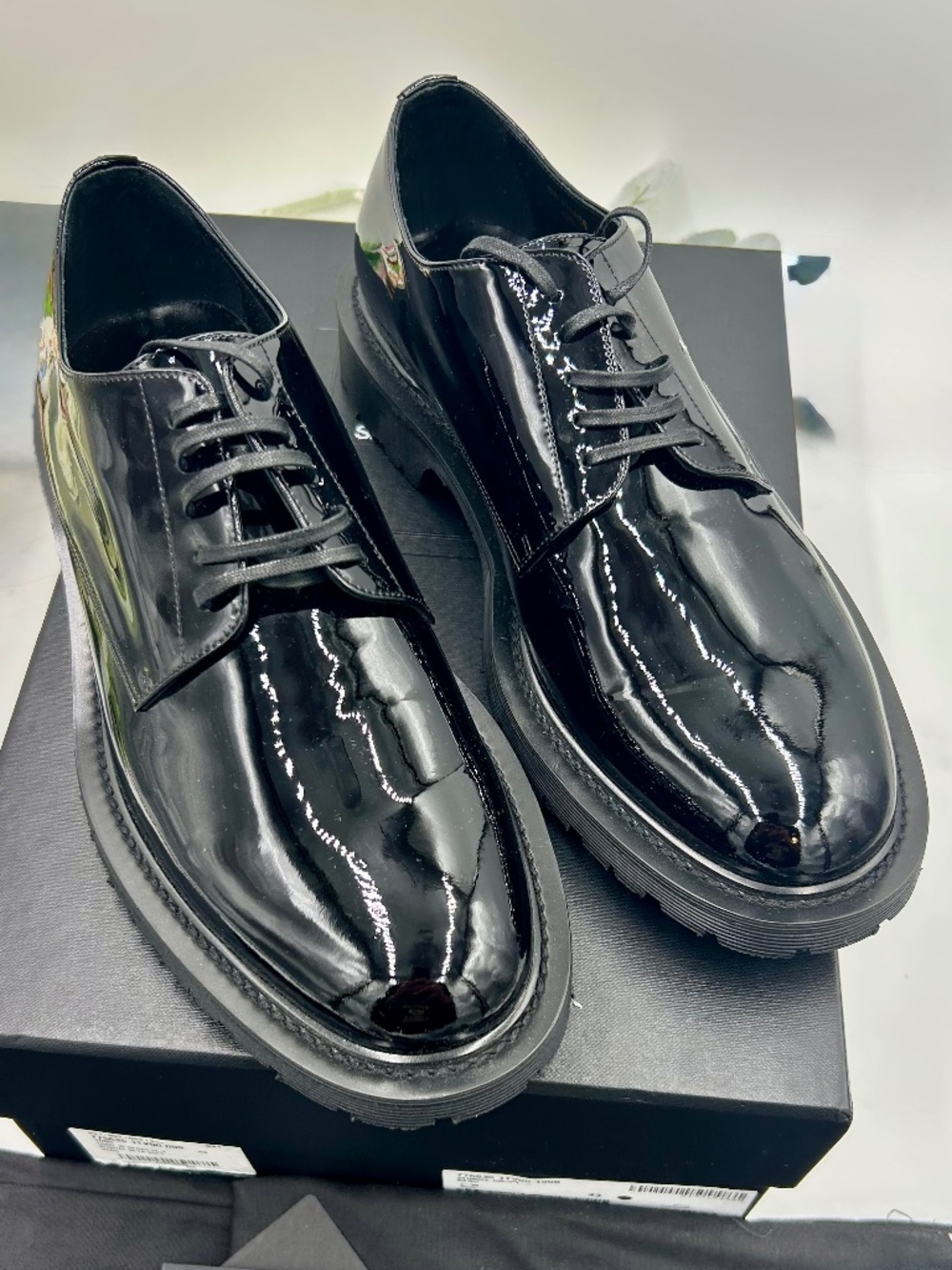 Men’s St. Laurent Black Patent Leather Derby Lace-Ups.  Size 43/10 US.